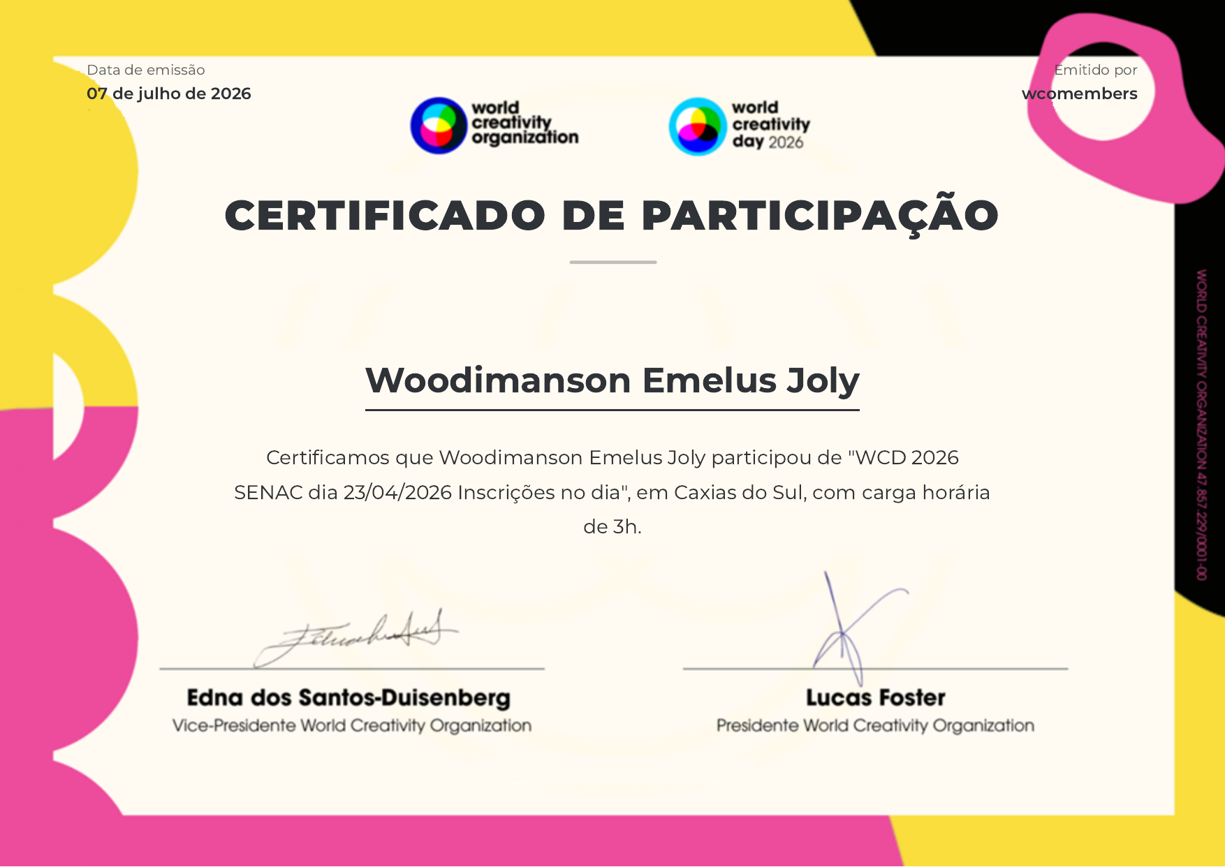 Certificado de Participação - World Creativity Day 2026